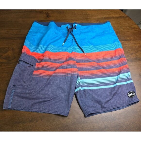 ONeill Mens Size 40 Board Shorts Blue/Red Striped Swim Trunks Polyester Adjustab - Picture 8 of 13